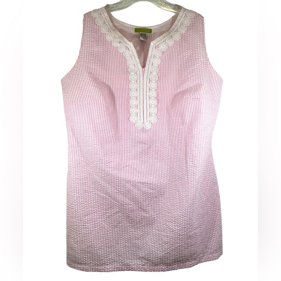 The Shift Shoppe Ladies Dress XXL Pink White Seersucker Striped Crochet Lace - Picture 1 of 11